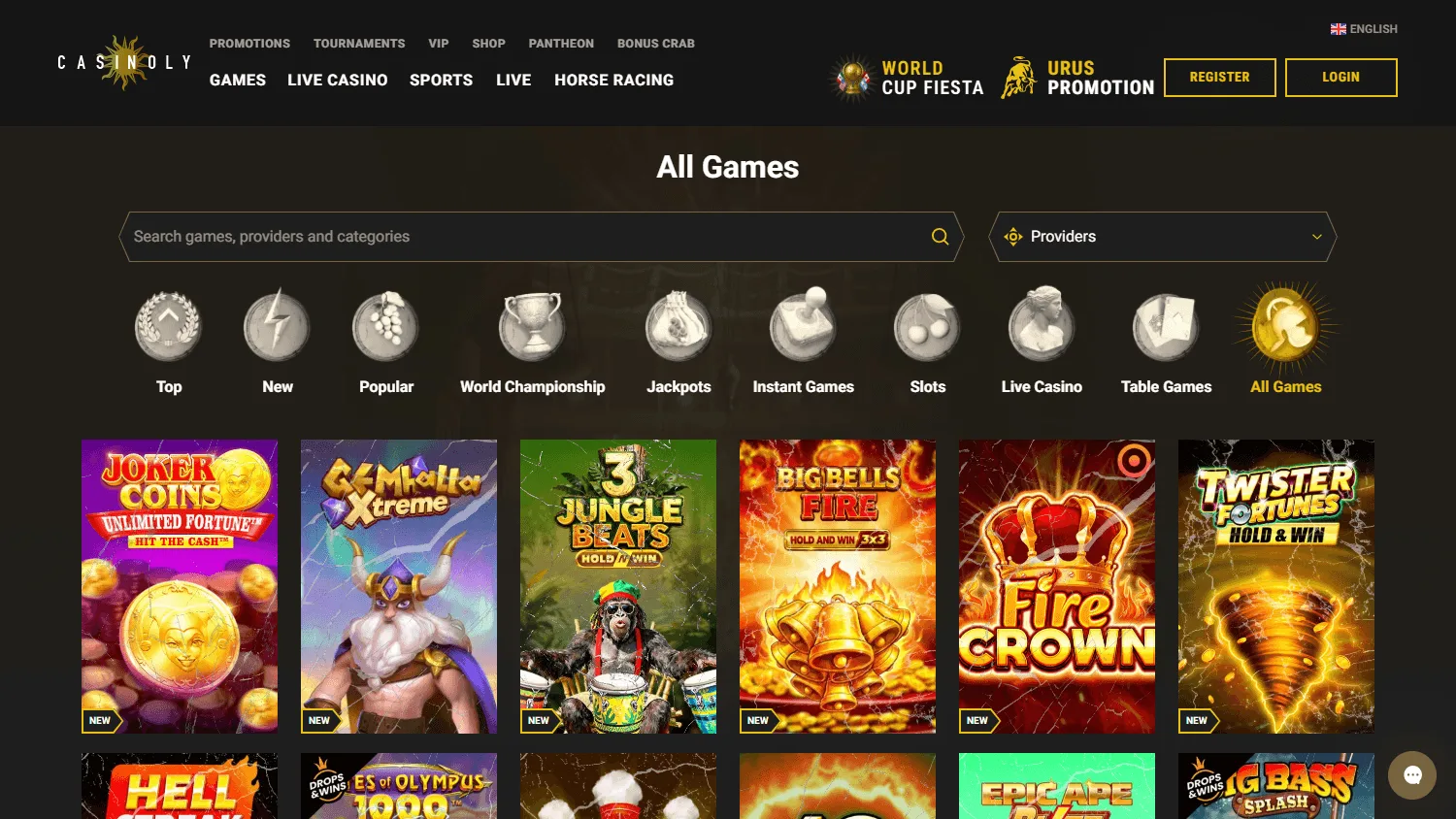 Casinoly Casino desktop games lobby with casino and live game options