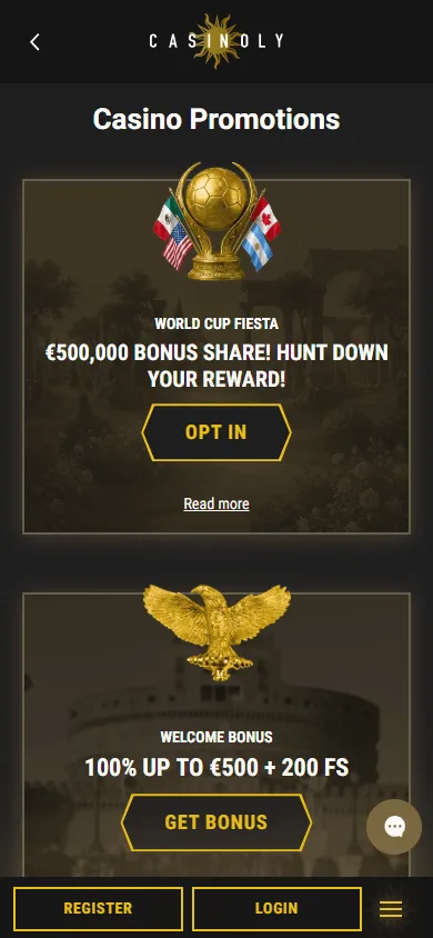 Casinoly Casino mobile promotions area with bonus and loyalty features